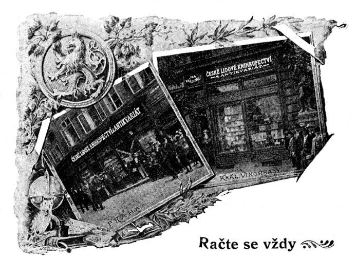 Portály prodejen firmy České lidové knihkupectví a antikvariát Josef Springer v Praze na St. Městě a Vinohradech (okolo 1905)